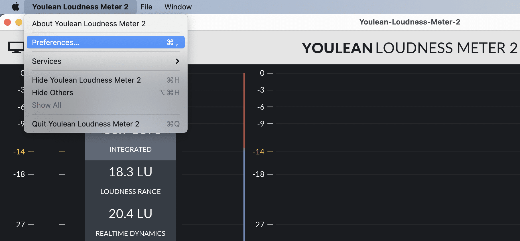 Open Youlean Loudness Meter 2 app preferences