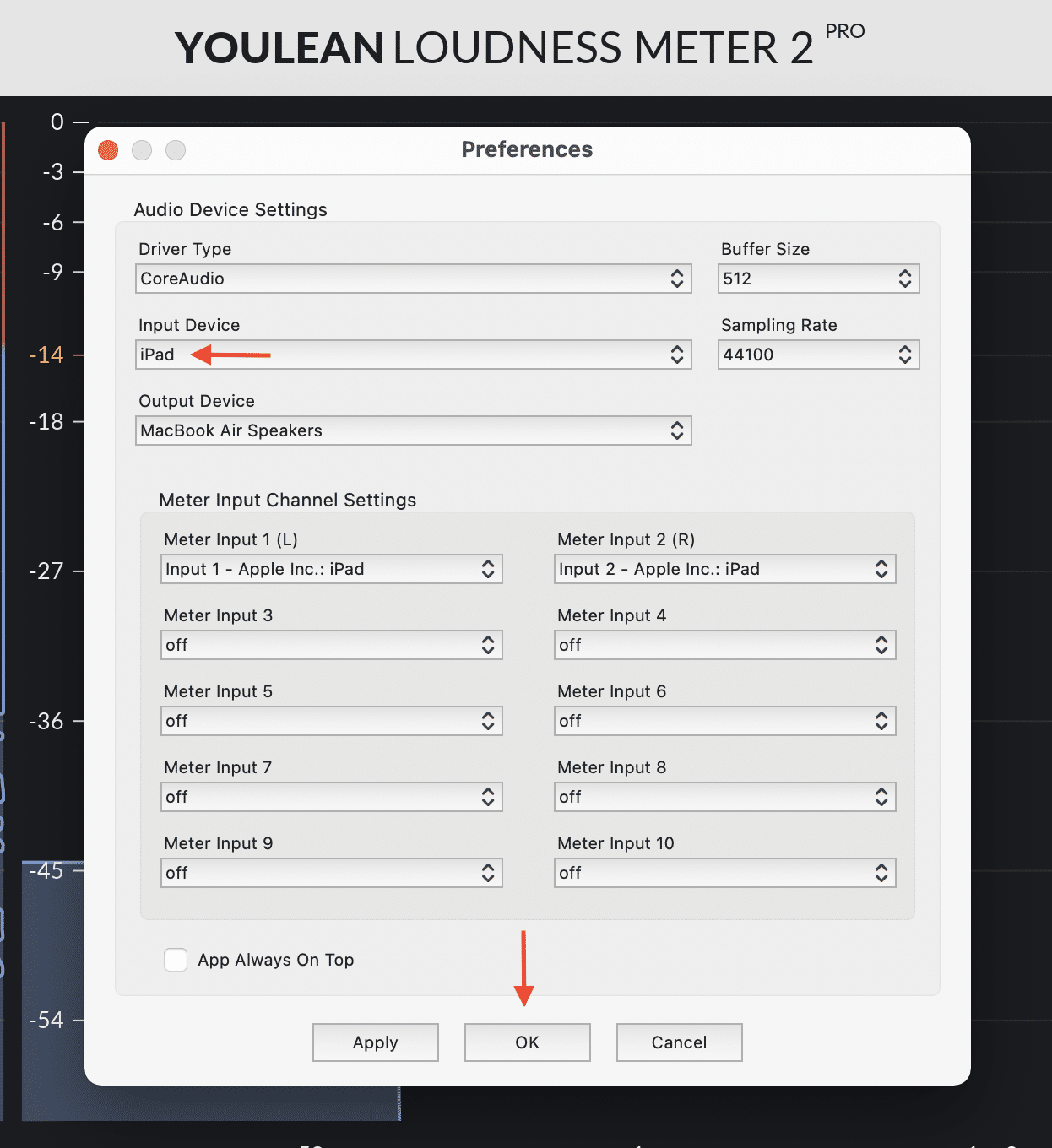 Set iPad as an input source inside Youlean Loudness Meter 2 Pro